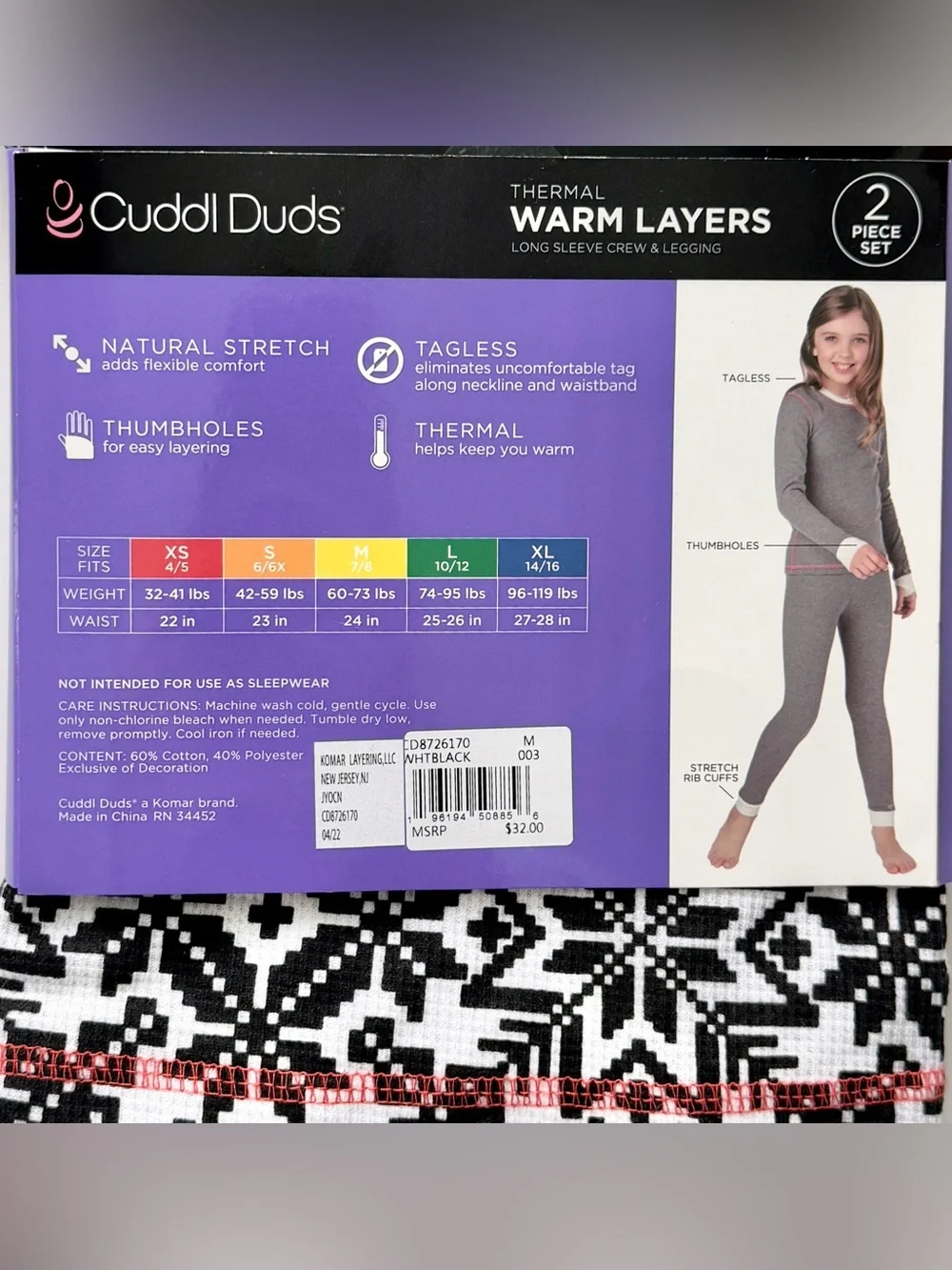 NWT Cuddl Duds Girls 2-Piece Thermal Set - Black & White Snowflake Pattern